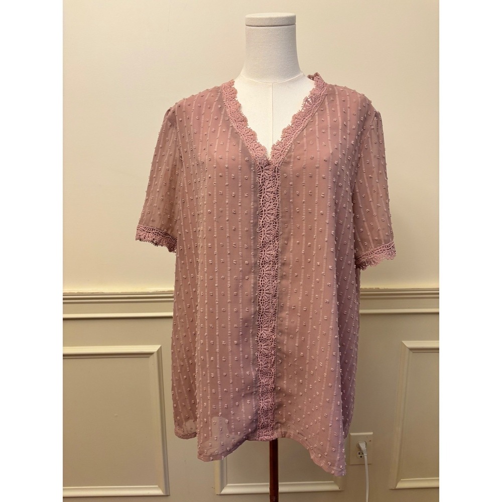 Dot Blouse XL Pink Crochet Lace Trim V Neck Short Sleeve Boho Top